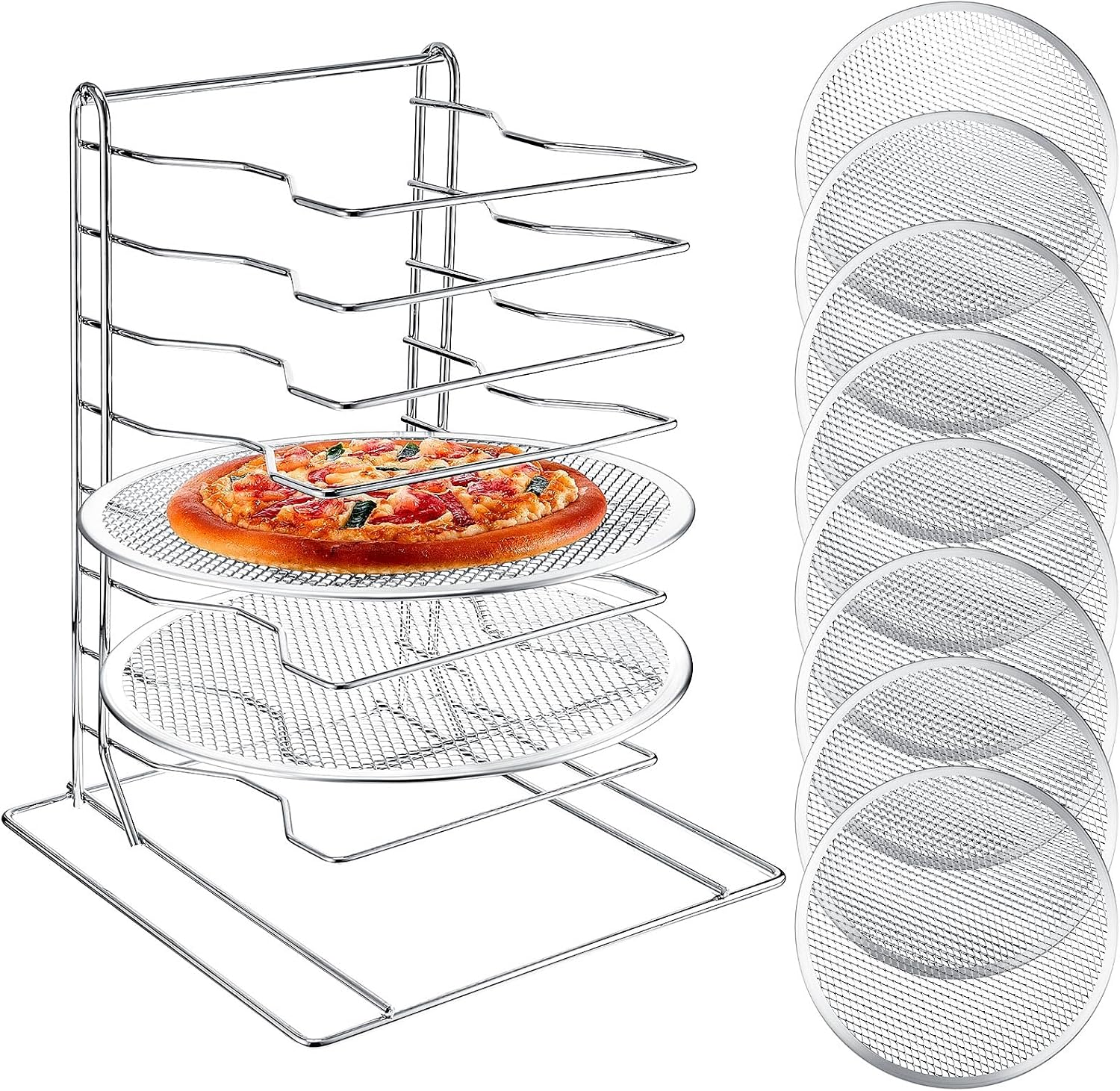 Kitchen Baking Pans - ชั้นวางพิซซ่า 8 ชั้น พร้อมถาดอบอลูมิเนียม 8 ถาดที่มีรู