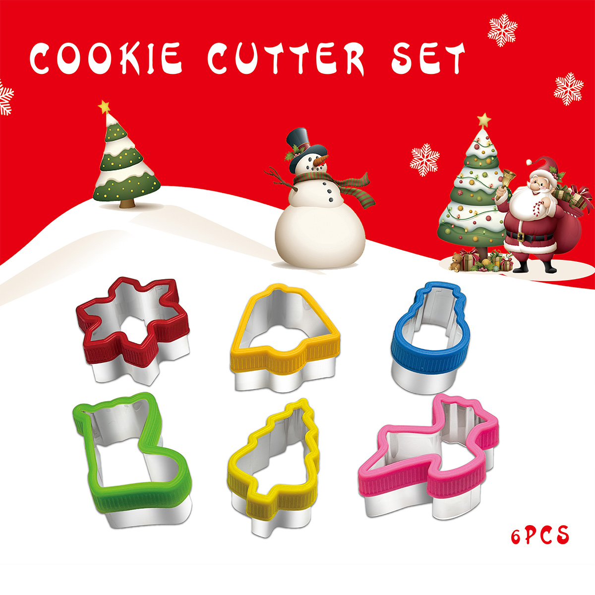 Baking Kitchen Set - ชุดการ์ด6ชิ้นสำหรับตัดคุกกี้คริสต์มาส, กระดิ่ง, เกล็ดหิมะ, ถุงเท้า, กวางเรนเดียร์, ตุ๊กตาหิมะ,