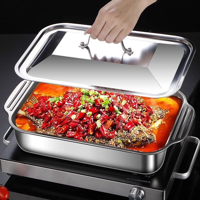 Kitchen Baking Ware - ถาดอบสแตนเลสทรงลึกพร้อมฝาปิด ถาดอบรูปสี่เหลี่ยมผืนผ้าอเนกประสงค์สำหรับเตาอบ ใช้สำหรับทำอาหารทะเล ปลาปิ้งย่าง