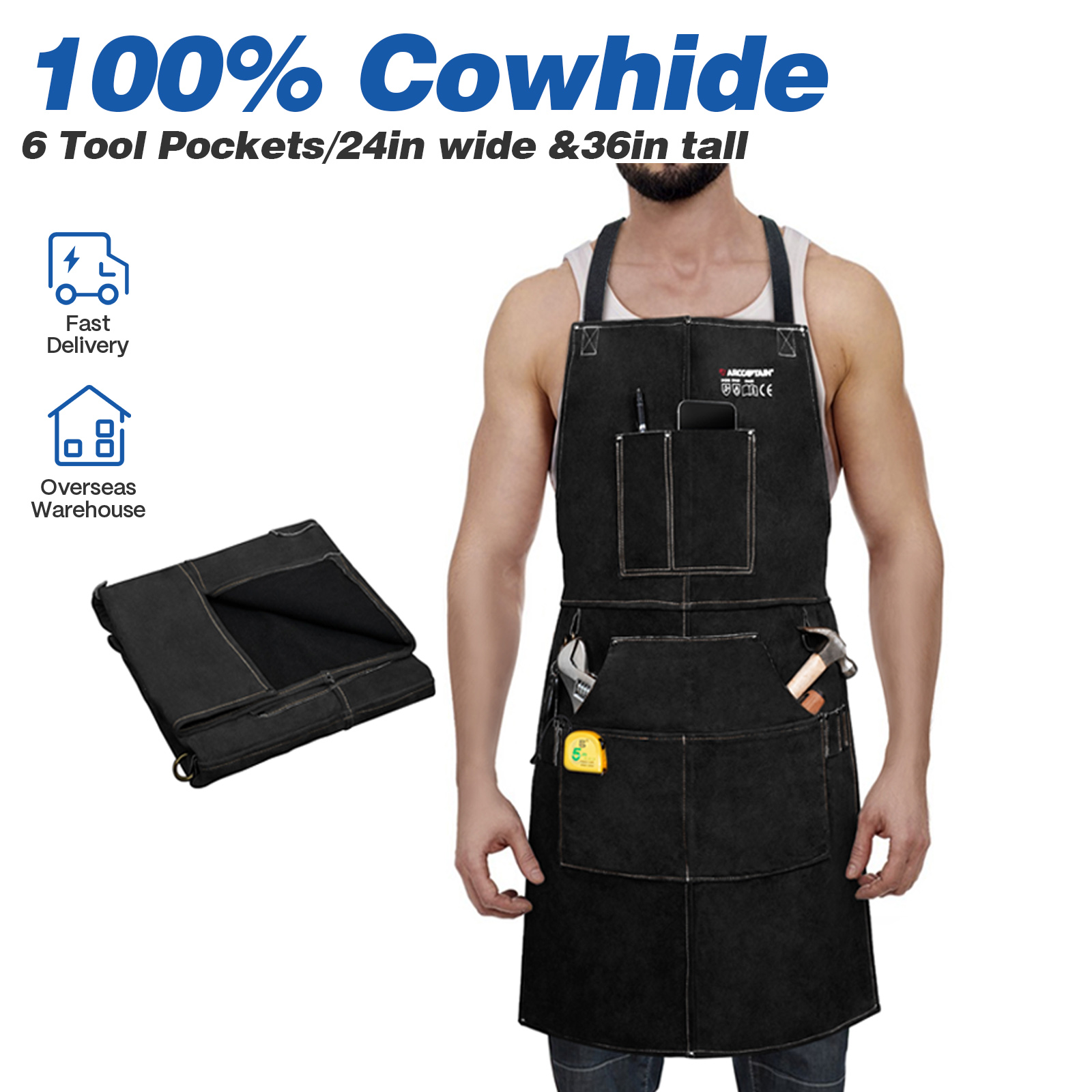 Kitchen Jobs - ARCCAPTAIN หนังเชื่อมผ้ากันเปื้อนทํางานความร้อนเปลวไฟ Cowhide Blacksmith เชื่อมผ้ากันเปื้อน 6