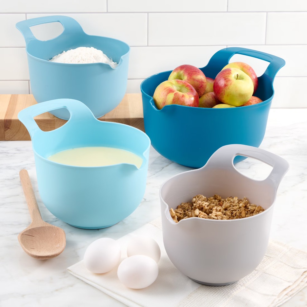 Baking Kitchen Set - ชุดชามผสมพลาสติกแบบซ้อนได้ 4 ใบ พร้อมที่เทและหูจับ อุปกรณ์ครัวสำหรับทำขนม ทำอาหาร